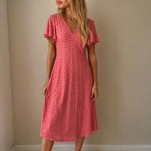Preston & York Coral Pink Eyelet Dress Flutter Sleeve 8 Coastal Cottagecore